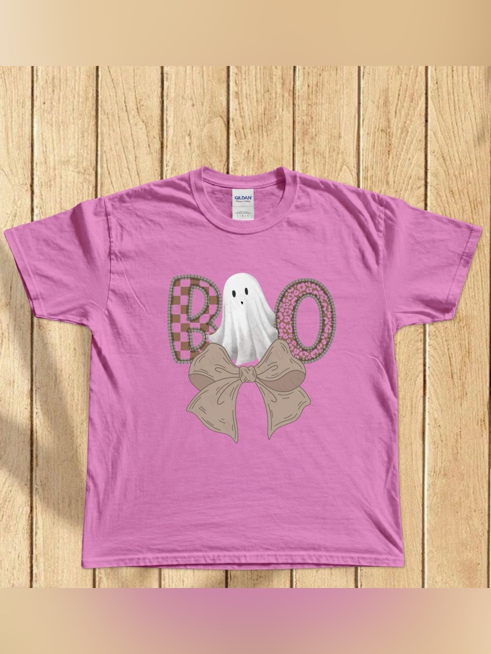 Gildan Pink Kids Halloween Tee with Ghost BOO Graphic